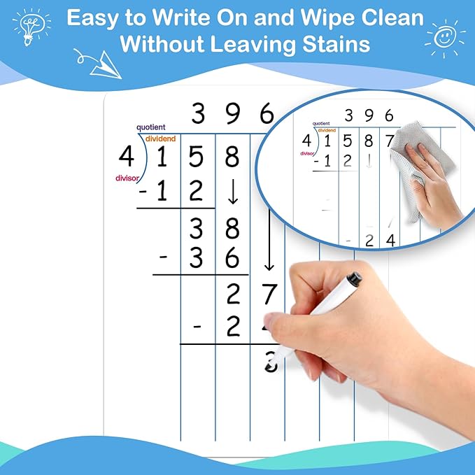 Aizweb 12 Pack Long Division Dry Erase Board Card,12" x 9" Multiplication Small Whiteboard Math Manipulatives for Kids Student Classroom Must Have Homeschool Teacher Supplies Learning Activities
