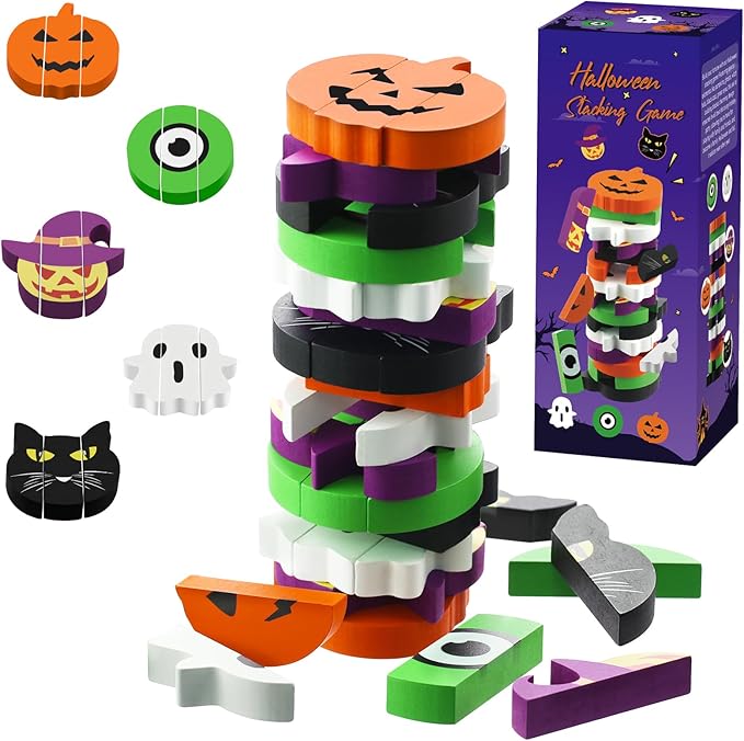 Halloween-Themed Wooden Block Stacking, The Joy of Family and Party, Halloween Party Gothic-Style Birthday Gifts (Pumpkin)