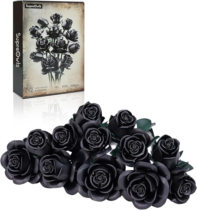 iATOM Black Rose Bouquet Building Set, Halloween Artificial Flowers Kit for Adults - Gothic Horror Retro Botanical Collection, Home Office Table Centerpiece Decor - IA11001