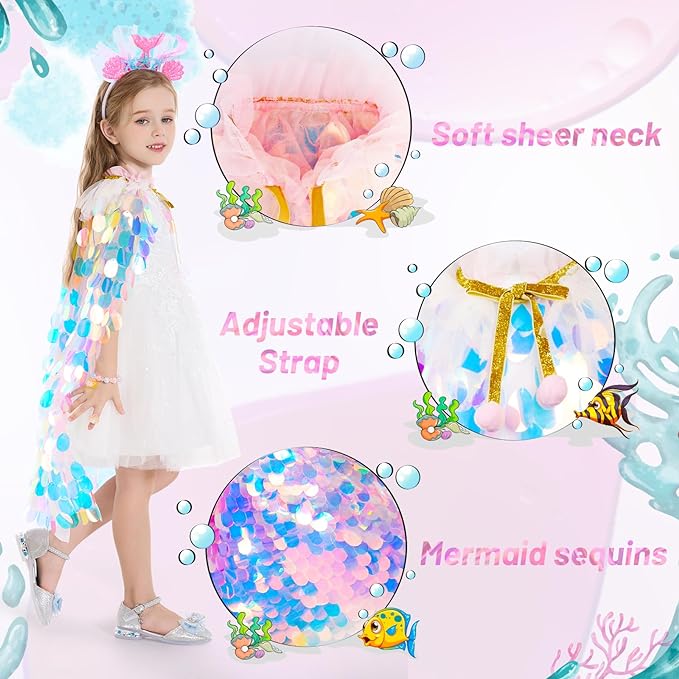 Princess Dress Up Toys Princess Dress Up Clothes Rainbow Mermaid Cape Kit 9 Pcs Gift Set for Little Girls 3-8 Years