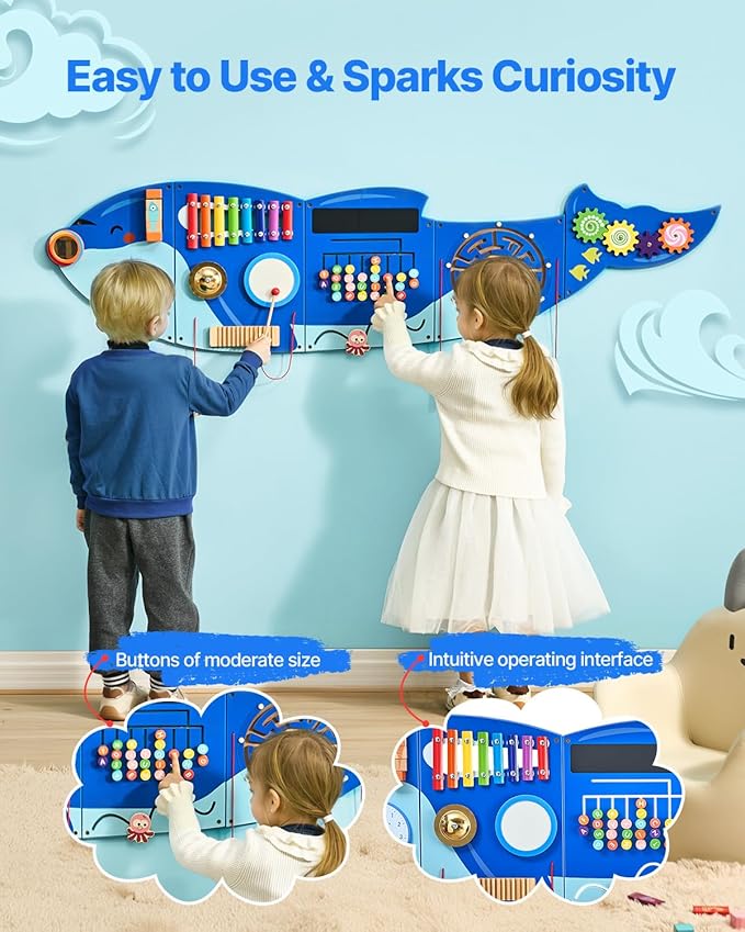 VEVOR Orca Activity Busy Board Wall, 12 Activities Board, Montessori Sensory Wall Panel for Kids 3-12 Years, Sensory Activity Panel, Ideal for Toddler Playroom Nursery Classroom