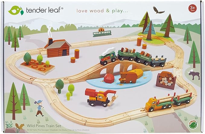 Tender Leaf Toys - Wild Pines Train Set - 95 Pieces Wooden Train & Bridge Set for Kids, Toddler Boys & Girls - Compatible with Most Toy Trains - Age 3+