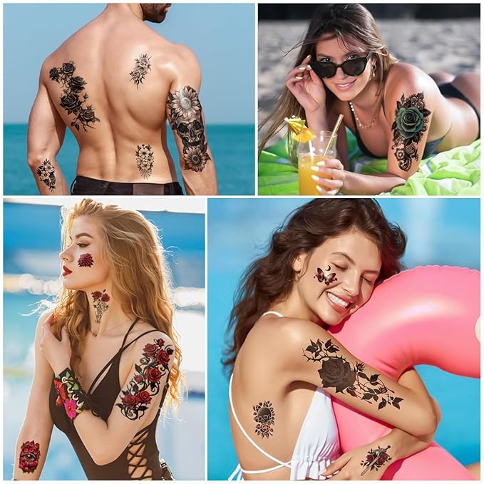 77 Sheets Skull Rose Temporary Tattoos, Lotus Flower Butterfly Half Arm Realistic Fake Tattoos Stickers for Adult Women Men Kids