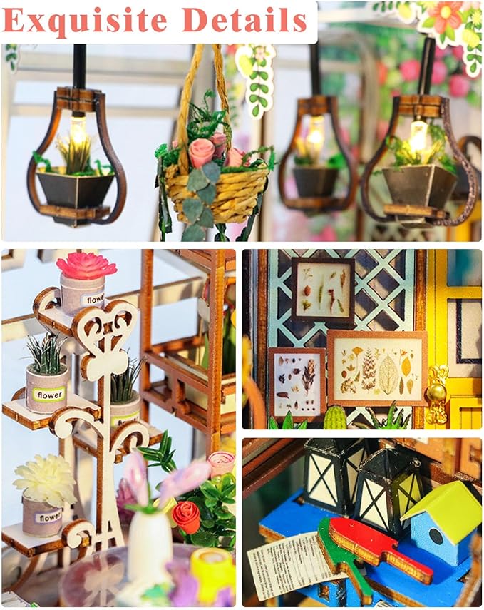 Book Nook Kit Garden House, DIY Miniature Book Nook Kits for Adults with LED Light, 3D Puzzle Bookshelf Decor Gift for Teens Women Family
