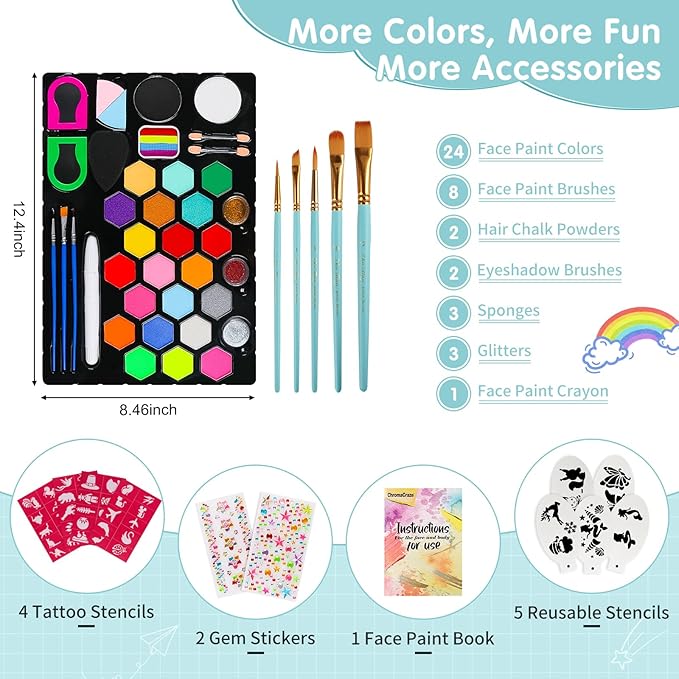 Face Painting Kit for Kids 24 Colors Water-Based Non-Toxic Face Paint Palette With Brushes&Stencils, Hair Chalk, Gems, Glitters, Crayon, Halloween Makeup Kit for Parties, Cosplay, Face Body Art