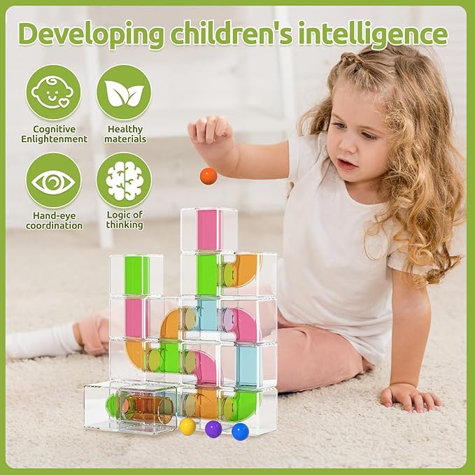 24 PCS Stacking Blocks - 1.6 Inch Transparent Puzzle Building Cubes with Learning Cards, Pipe Tube Inside for Marble Run, Educational STEM Toy for Kids Ages 3+, Sensory Gifts for Boys Girls