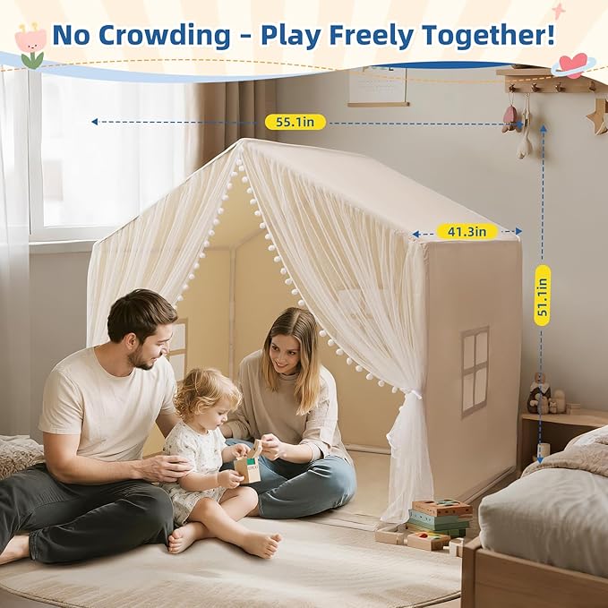 Large Kids Play Tent, 55.1in Length, Fits 3-4 Children,Indoor Playhouse for Kids, with Padded Mat and Lights, Bed Tent for Toddler, Birthday for Boys Girls