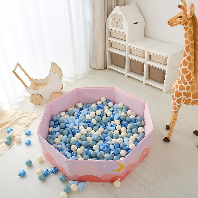 GOGOSO Ball Pit Balls Stars Moon Shapes Plastic Pitballs for Toddler Play Tent Baby Photo Props Kids Pool Water Toys Kiddie Pool Party Decor, Pearl Blue+Cream Blue+White,500PCS