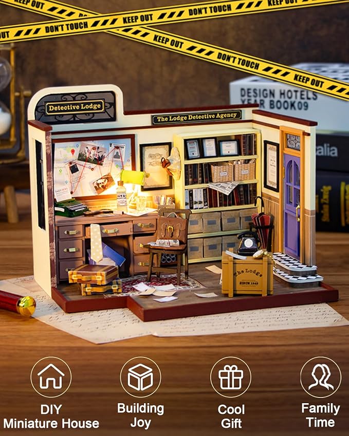 Miniature House Kit Detective Lodge, Tiny House with Furniture & LED Lights, Miniature Dollhouse Kit for Adults & Teens, Wooden Craft Gift & Hobby for Family Friends