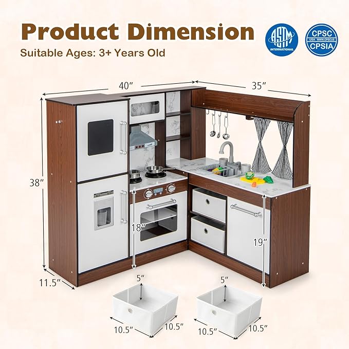 Costzon Kids Kitchen Playset, Toddler Pretend Toy Cooking Set w/Real Lights & Sounds, Sink & Faucet, Ice Maker, Microwave, Oven, 18 Cooking Accessories, Corner Play Kitchen for Kids Ages 3+ (Coffee)