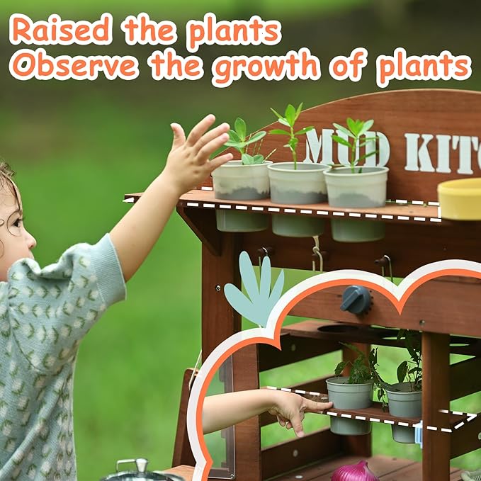 Outdoor Mud Kitchen for Kids 43.7in, Wooden Play Kitchen with Plant Growing Box, Observation Room, Sink, Faucet for Backyard Garden