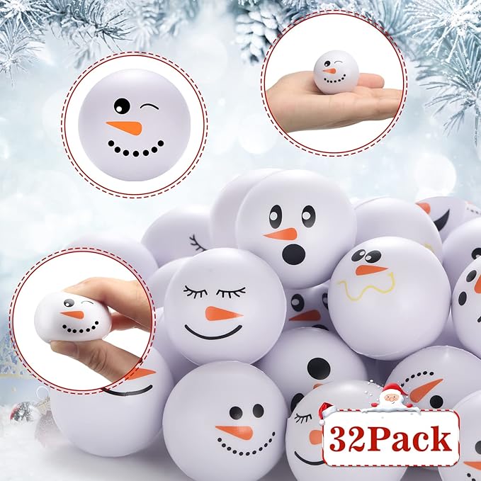 Zhanmai 32 Pcs Christmas Snowmen Stress Balls Bulk Small Snowball Face Relief Squeeze Crafts for Winter Party Favors Xmas Stocking Stuffers Gift Goodie Bag Fillers Holiday Decorations (1.6 Inch)