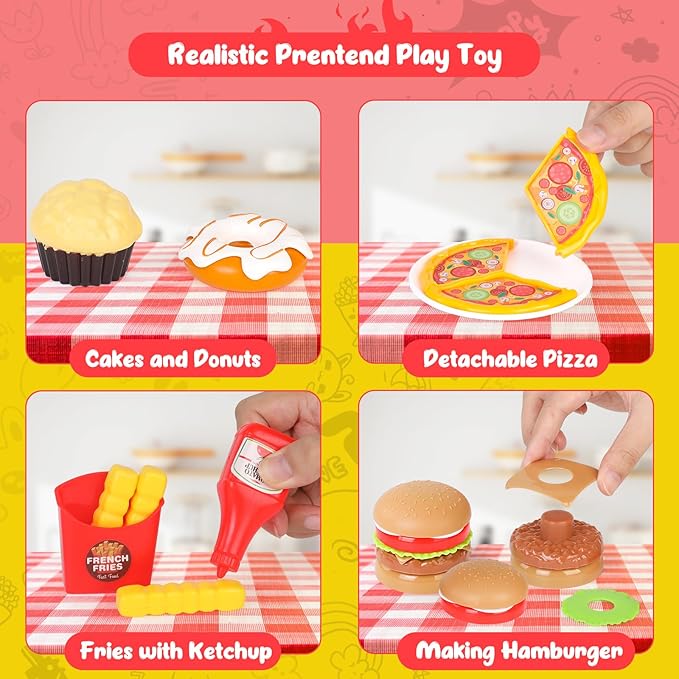 Cash Register for Kids with Scanner Realistic, Pretend Play Toy Cash Register with Fast Food/Fake Money/Credit Card/Calculator/Microphone Gift Ideas for Toddlers Girls Boys 3-5 4-8, Yellow