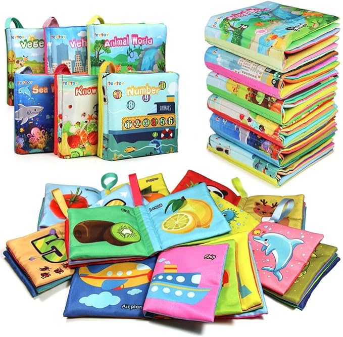teytoy My First Soft Book,Nontoxic Fabric Baby Cloth Books Early Education Toys Activity Crinkle Cloth Book for Toddler, Infants and Kids Perfect for Baby Shower -Pack of 6