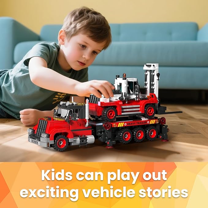 Mould King Trailer Toy Building Block, Realistic American Style Semi Truck Model Building Sets for Boys Girls Ages 8+, 24079 STEM Toy with Forklift Truck, Collectible Model for Adults (906 PCS)
