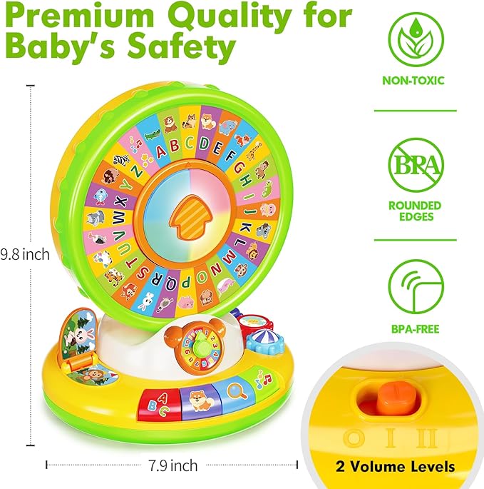Toy for 1 2 3 Year Old Boys Girls, Spin and Sing Alphabet Baby Musical Learning Toys for Toddler 12-18 Months, Interactive Games with Light and Animals Sounds, Christmas Birthday Gifts for Ages 1-3