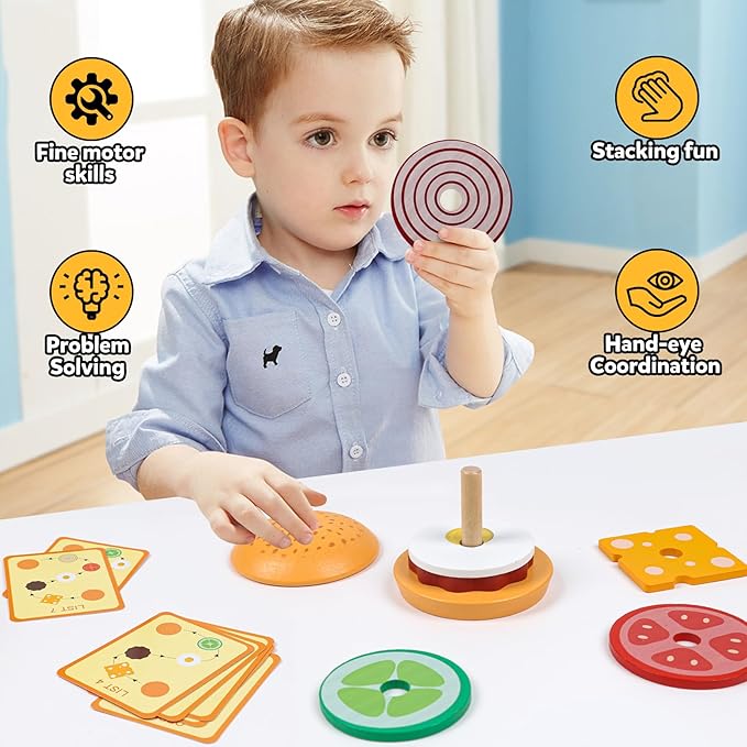 Kizh Wooden Burger Sorting Stacking Toy for Toddlers - Preschool Montessori Educational Fine Motor Toys for Kids Boys Girls