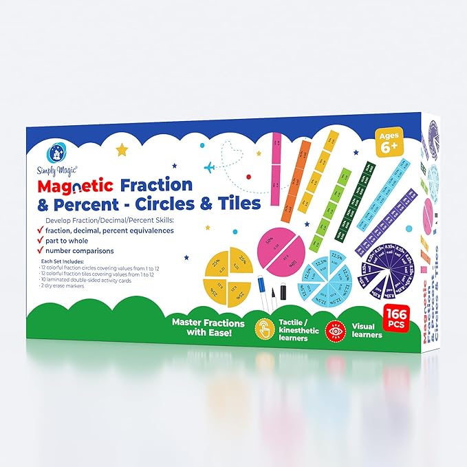 178 PSC Magnetic Fraction Tiles & Fraction Circles with Decimals & Percentages, Fraction Strips, Bars, Fraction Magnets, Fraction Manipulatives Class Set Kit, Fractions for Kids Math - Simply Magic
