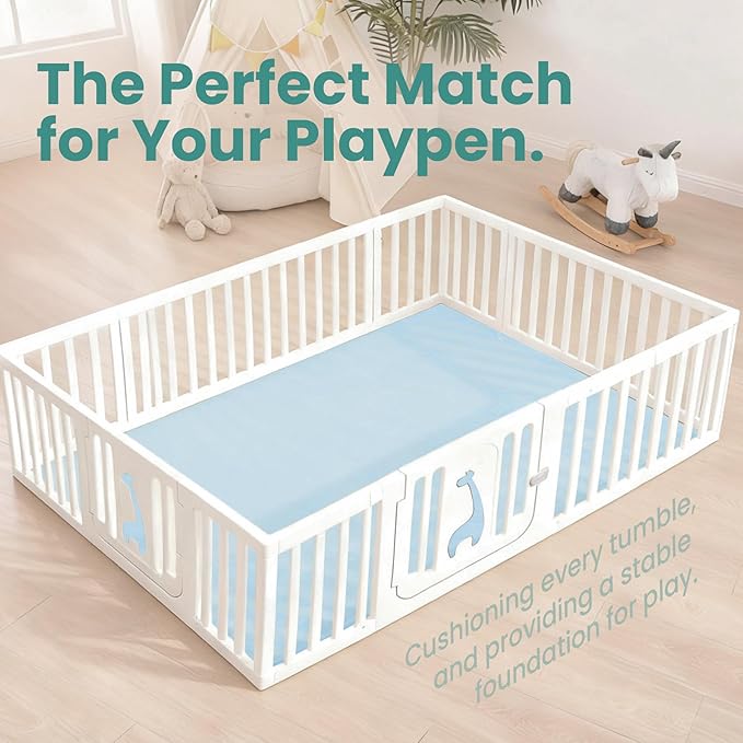 Baby Play Mat for Floor,1.3" Thick Elasti-Foam 50"×74" Playpen Mat for Tummy Time,Water Repellent Soft Coral Velvet for Toddler,Infant,Kids,Non-Slip Backing Safe for Crawling(Light Blue)