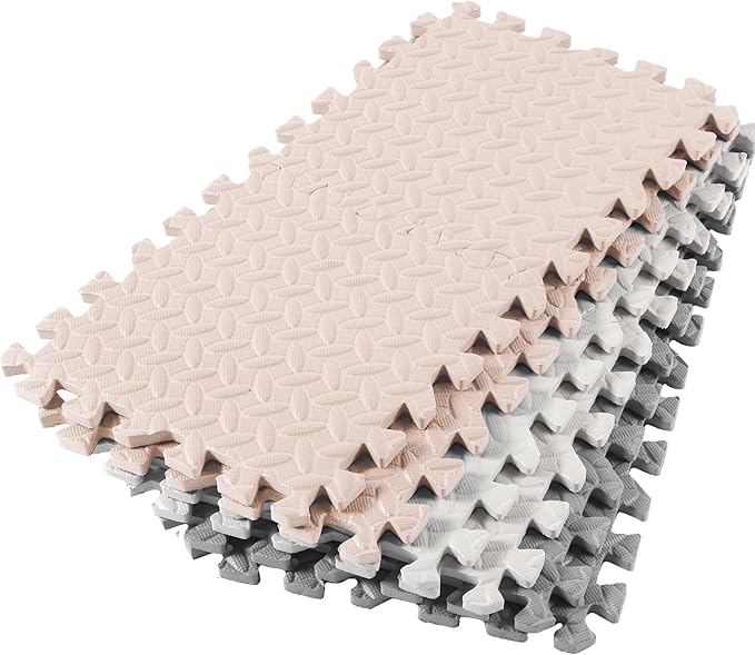 Shihanee Foam Floor Baby Tiles Foam Floor Mats Play Mats Bulk with Borders Interlocking for Kids Baby Playroom Nursery Gym (White, Beige, Gray,64ft)