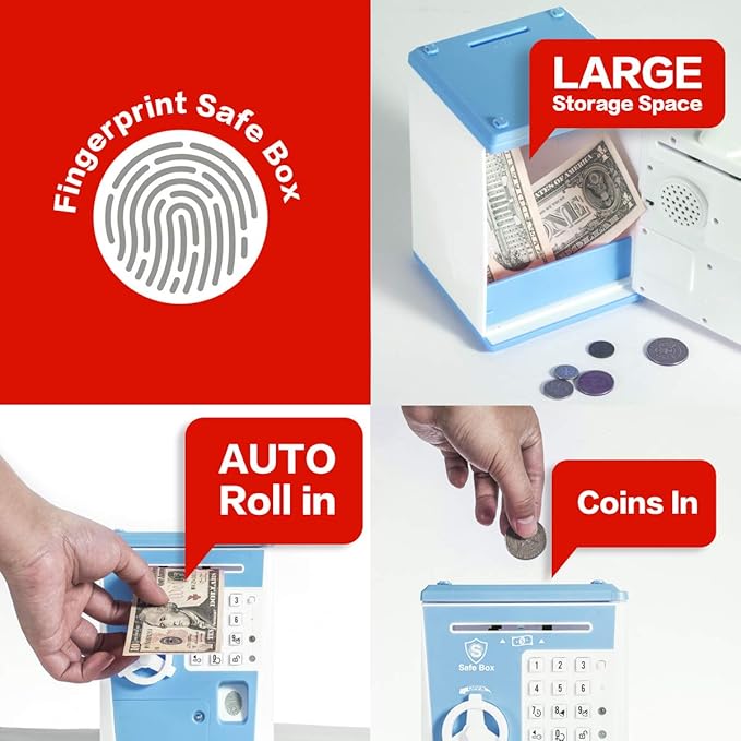 Toy Safe Box, Electronic ATM Piggy Bank, Money Coin Savings Bank, Finger Print Scanner Lock, Great Gift for Children Kids (Blue/White)
