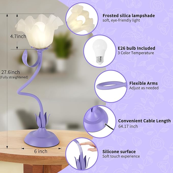 Cute Flower Desk Lamp, 3 Color Temperature Table Lamp with LED Bulb, Vintage Bedside Lamps, Reading Lamps with Soft Light for Bedroom, Living Room（Purple）