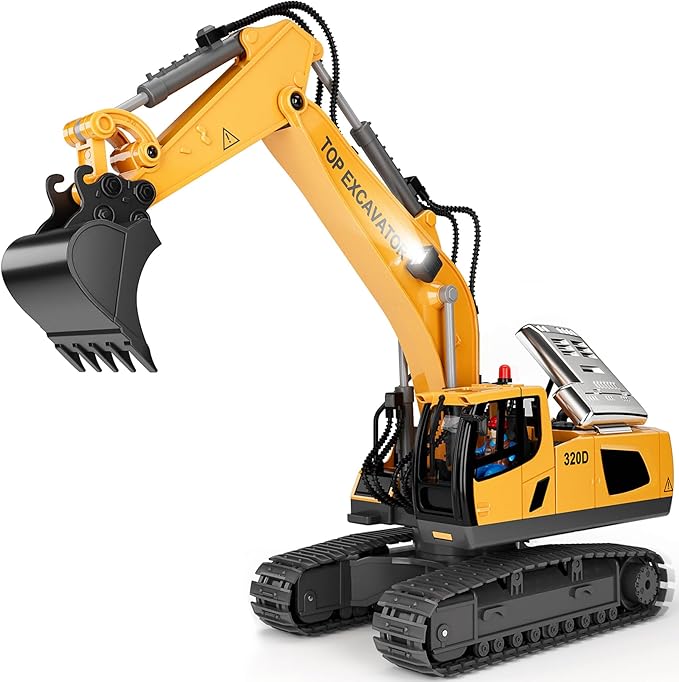 Remote Control Excavator Construction Toys for Boys, 2×1200mAh RC Construction Truck with Metal Shovel & Light, 11CH Excavator Toys for Boys 3-5 4-7 8-12 Year Old Kids Christmas Birthday Gift,120+Mins