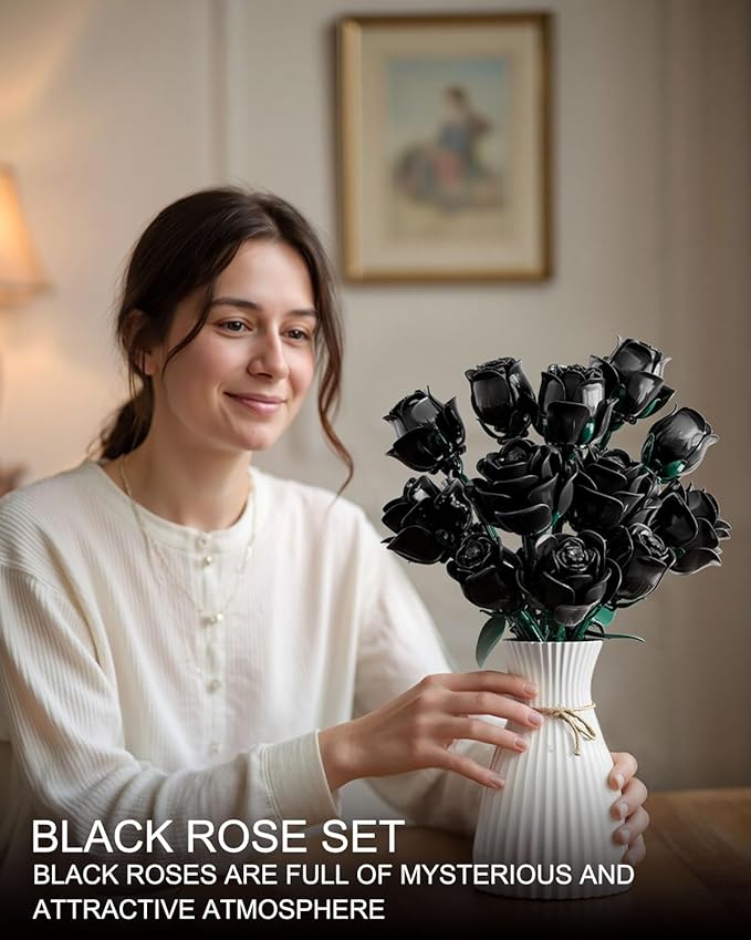 Black Roses Flower Building Set, Halloween Artificial Bouquet Kit Compatible with Legos Bricks - Indoor Plant Decorations for Home & Office - Romantic Gift for Women and Girls 6+