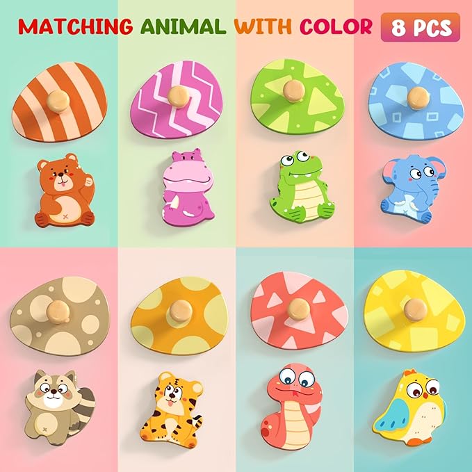 Wooden Puzzles for Toddlers, 8 Pcs Animal Matching Egg Puzzle, Montessori Toys for Boy Girl Easter Birthday Gifts, Preschool Learning Activities & Educational Toys for Boys, Girls
