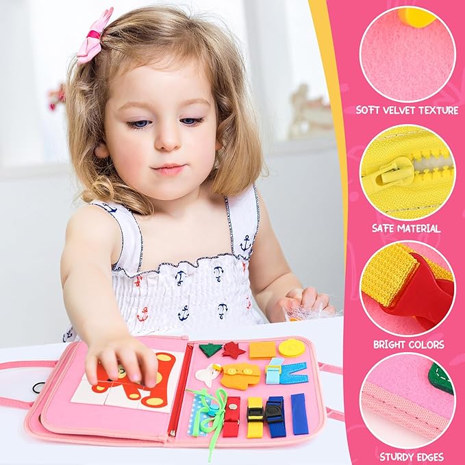 Toddler Busy Board, Montessori Sensory Toys for Boys, 1-4 Year Old Girl Toddler Travel Toys, Educational Learning Activities Board for Motor Skills, Birthday Gifts for Airplane Car, Pink