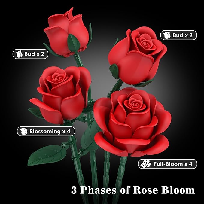 Red Roses Flower Bouquet Building Sets, 670Pcs Artificial Flowers Building Blocks Compatible with Lego Flowers for Adults Christmas Birthday Gifts for Women Mom Valentines Day Gifts