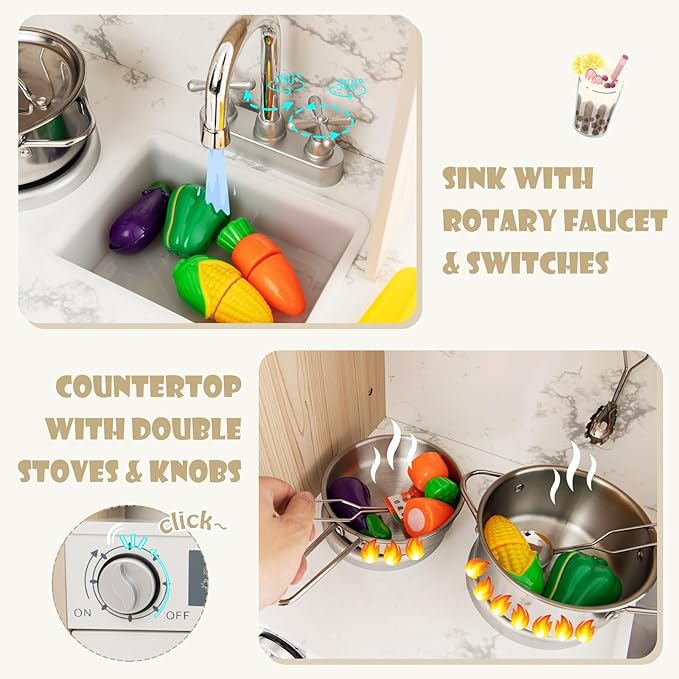 HONEY JOY Kids Kitchen Playset with Lights, Wooden Little Chef Toy Kitchen Set w/2 Storage Bins, Coffee Maker & Microwave & Ice Maker & Oven, Play Kitchen for Toddlers, Gift for Boys Girls (Natural)