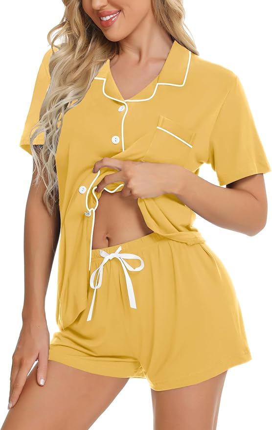 SWOMOG Womens Button Down Pajamas Set Short Sleeve Sleepwear Bride Soft Pj Lounge Sets XS-3XL