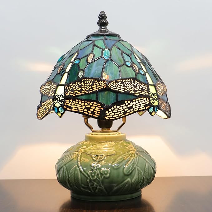Small Tiffany Lamp Mushroom Table Lamp, Mini Stained Glass Desk Light Memory Sympathy Ceramic lamp 8X11 Inch (Sea Blue Dragonfly Style)