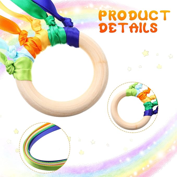 Junkin Ribbon Rings Hand Kite Waldorf Toys Dancing Wrist Ribbons Rainbow Streamers with Wood Ring Educational Toy for Playroom Dancing Birthday Party Gift(Rainbow,48 Pcs)