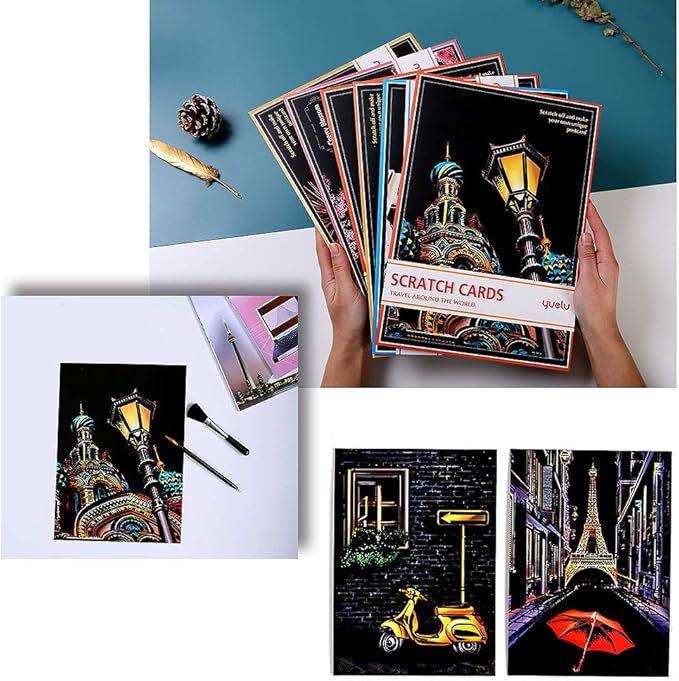 Scratch Art for Kids & Adult, Rainbow Engraving Painting Landscape Scratchboard(A4) Crafts Set: 8 Sheets 4 tools - Congress Building, Burj Al Arab, Eiffel Tower, Big Ben, Moscow(Fireworks / Building)