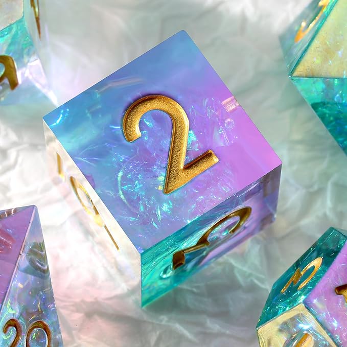 Iridescent Plating Sharp DND Dice, DNDND Handmade Resin Sharp Edge D&D Die with Gift Case for Dungeons and Dragon Tabletop Games (Iridescent Plating)