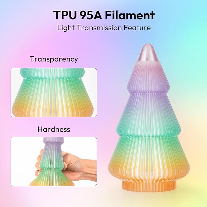 AMOLEN 95A TPU 3D Printer Filament, 1.75mm Transparent Multicolor Rainbow Purple, Pink, Orange, Green Crystal TPU 1.75mm, Color Change Flexible Soft Filament Supports High Speed, 1kg Spool(2.2lbs)