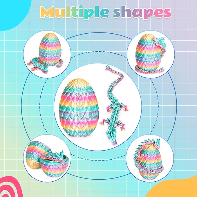 Dragon Eggs with Dragon Inside, 3D Printed Surprise Funny Gifts for Kids, Articulated Dragon Fidget Toys for Adults, Executive Desk Toys Office Room Décor (Pastel Rainbow, M-Size)