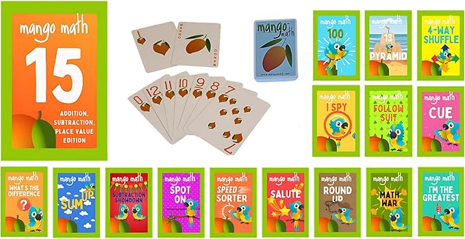 MANGO Math 15 Pack - Math Flash Cards - Educational Math Games for Kids - Addition, Subtraction, Place Value Games & Learning Kit -2nd 3rd 4th Grades - Kids 6-12 - Set of 15 Games - English Version