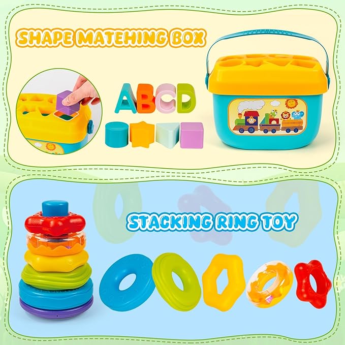 Montessori Baby Toys for Ages 6–18 Months with Sensory Shape Sorter Matching Game Toy Stacking Ring Soft Building Blocks Developmental Learning Toys for Toddlers 1+ Year Old