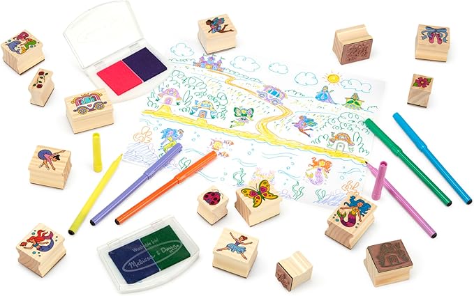 Melissa & Doug Deluxe Wooden Stamp and Coloring Set – Fairy Tale (30 Stamps, 6 Markers, 2 Durable 2-Color Stamp Pads) Fairy Tale-Themed Wooden Stamps for Kids and Coloring Activity Set