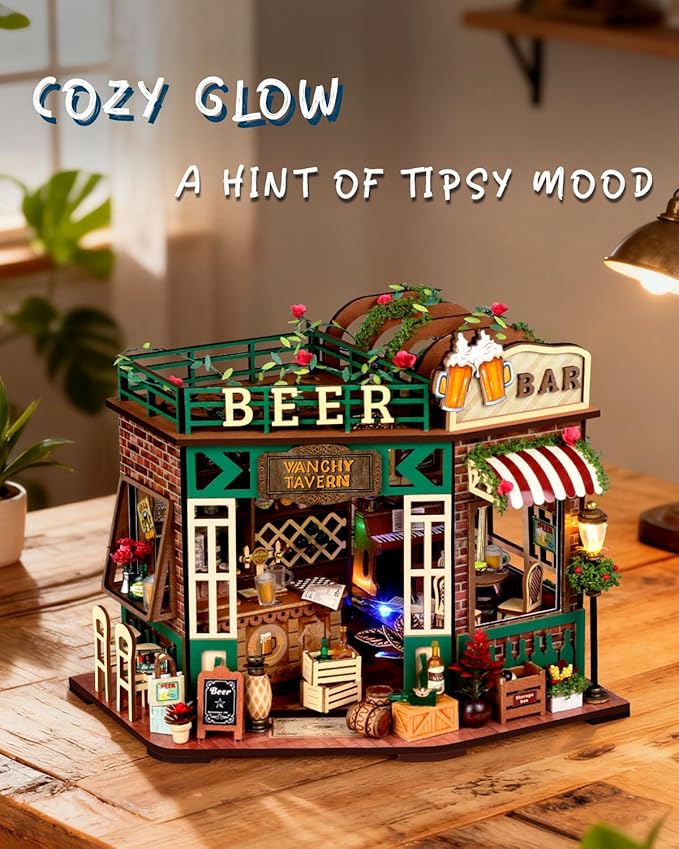 Miniature House Kit – Vanchy Tavern, DIY Wooden Dollhouse for Adults with LED & Furniture, Tiny House for Teens Families Friends