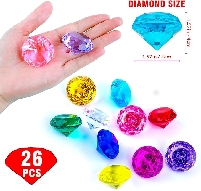 Niceup 26PCS Blue Fake Diamonds Gem Toys, 1.5in Pool Diving Gems Acrylic Plastic Gemstones for Kids, Party Décor Jewels Treasure Hunt Hiding Sensory Bin Filler Toys Craft Supplies
