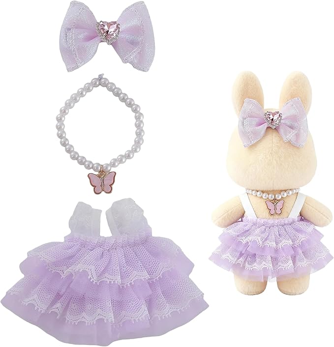 17cm Doll Clothes Set 3-Piece Doll Clothing Set with Purple Dress Necklace and Butterfly Decor Accessories for 17cm Plush Dolls, Clothes Only, No Doll Included