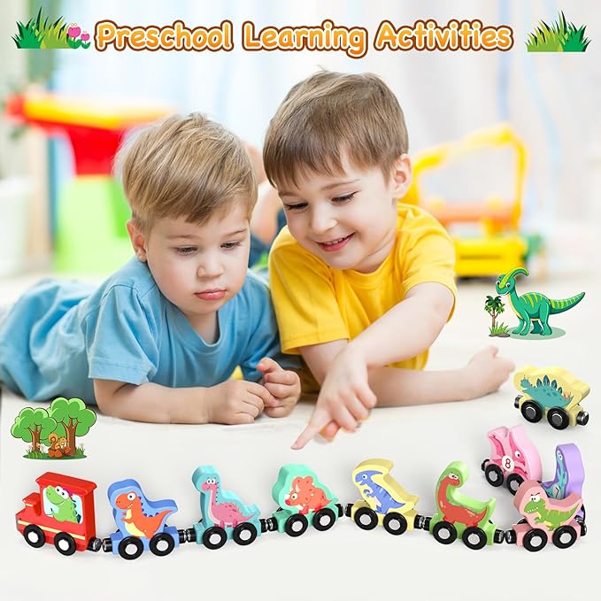 Toys for Toddlers, 11 Magnetic Wooden Dinosaur Train Set, Montessori Toys for Toddlers, Preschool Educational Material for Kids, Birthday Gifts for Boys, Girls