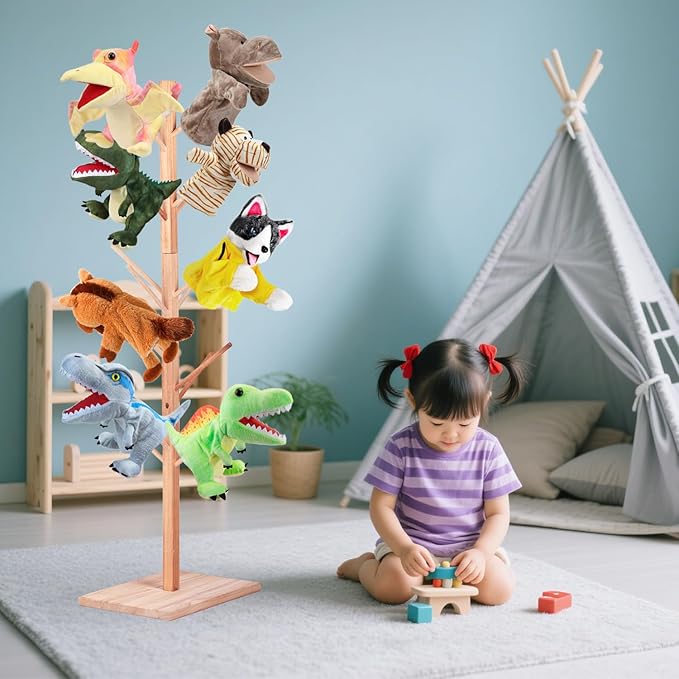 Wooden Puppet Stand for 15 Puppets – Hand Puppet Display Tree with 15 Pegs, Space-Saving Organizer for Classroom, Playroom, Daycare or Home Use – Natural Wood Puppet Holder Rack