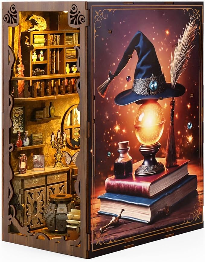 Book Nook Kit - DIY Miniature Dolls House Kit with Furniture and LED Light, 3D Puzzle Wooden Art Bookends, Model Kits for for Adults and Teens (Magic Night)