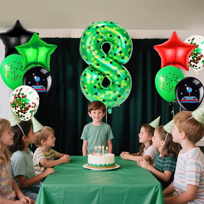 40in TNT Pixel Number 8 Balloon Birthday Decorations, Miner Theme Green Foil Balloons Blast Gaming Party Supplies