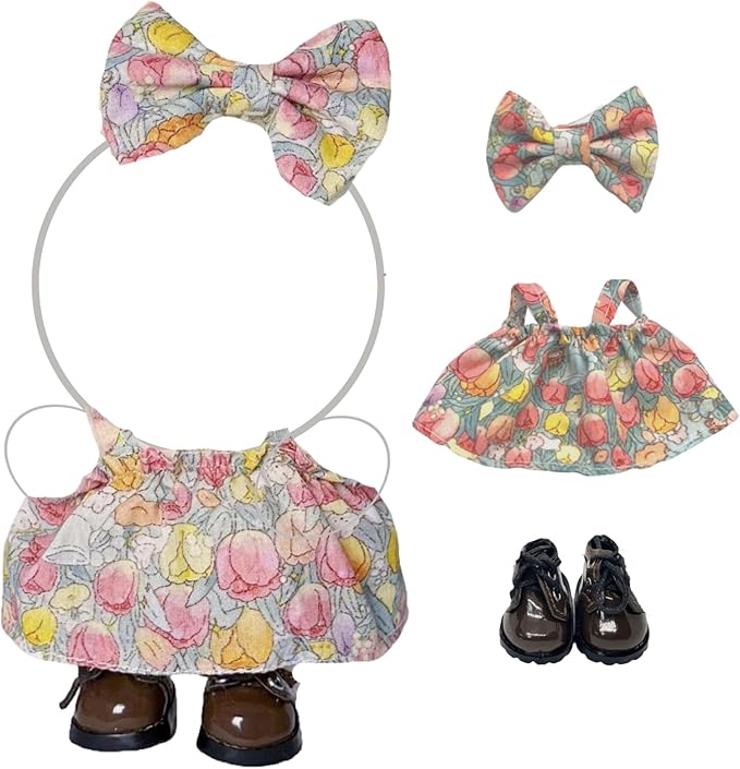 Clothes for 17cm Doll (Clothes Only) – 3-Piece Set with Floral Dress, Bow Headband, and Shoes for a Unique Dressed-Up Look – Fashion Handmade Accessories for Doll
